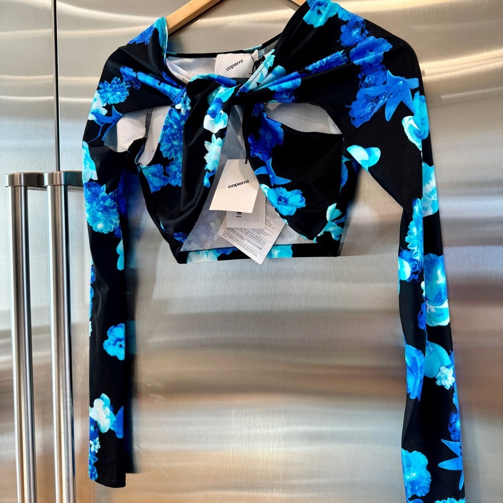 Nwt Coperni Twist Cutout Cropped Draped Top Long Sleeve Crop Black Blue Flowers